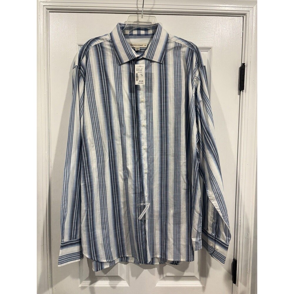 Pronto Uomo Mens 2X Dress Shirt Blue White Stripe 100% Cotton NWT $74.99